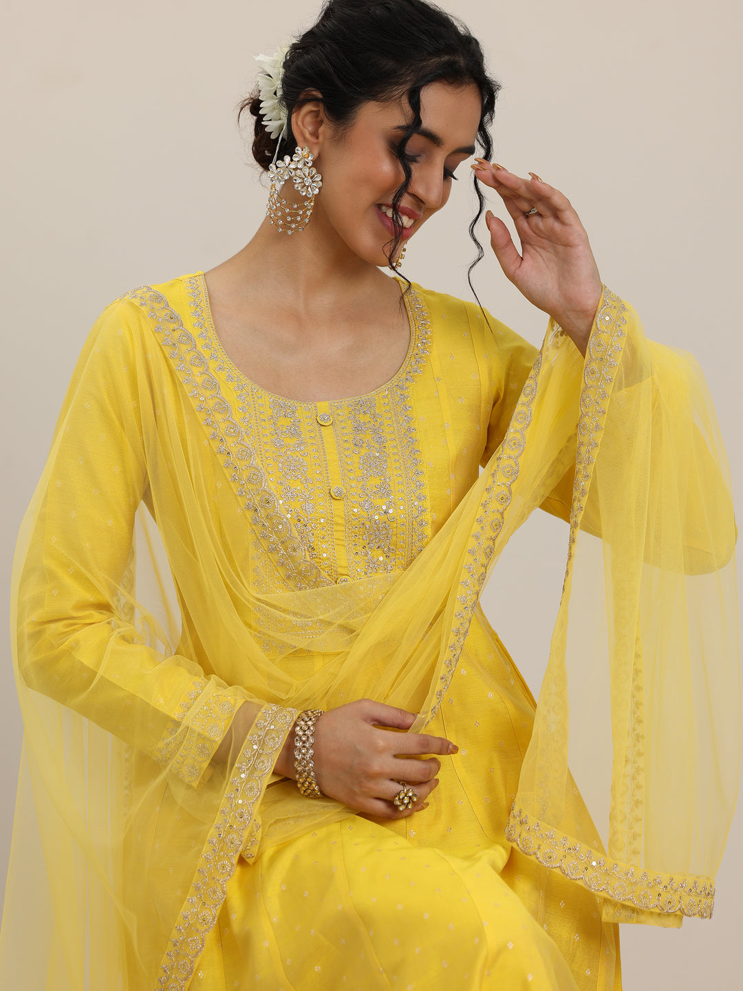 Yellow Embroidered Chanderi Silk Anarkali Suit With Dupatta