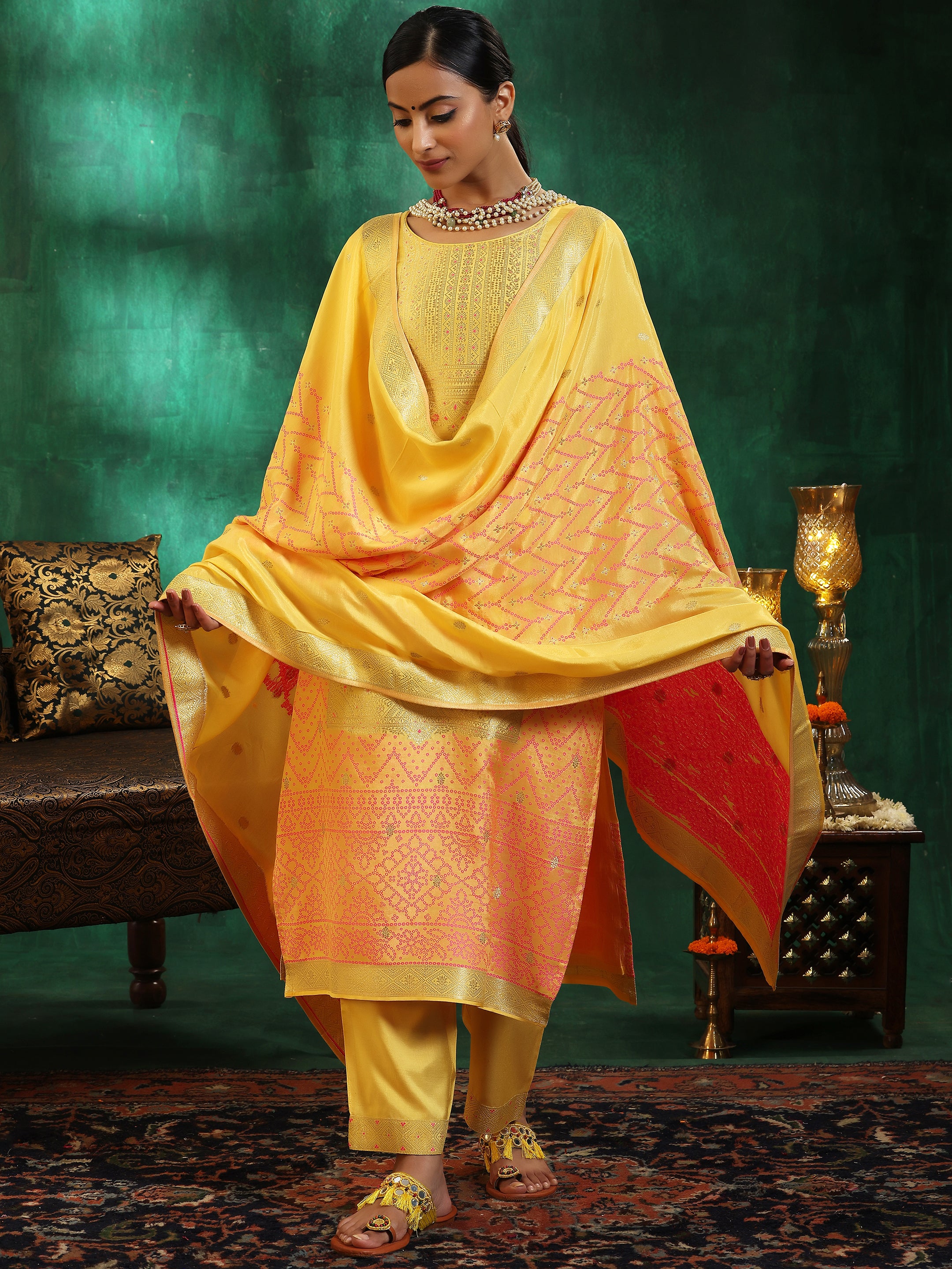 Yellow Embroidered Muslin Straight Suit Set With Dupatta