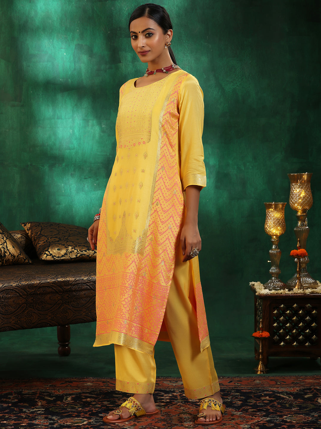 Yellow Embroidered Silk Blend Straight Suit With Dupatta