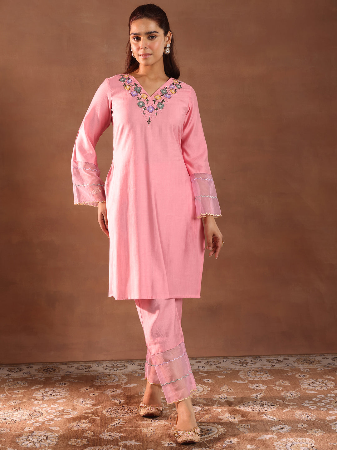 Pink Yoke Design Silk Blend Straight Kurta Set