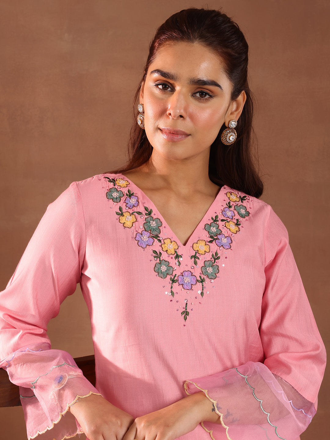 Pink Yoke Design Silk Blend Straight Kurta Set