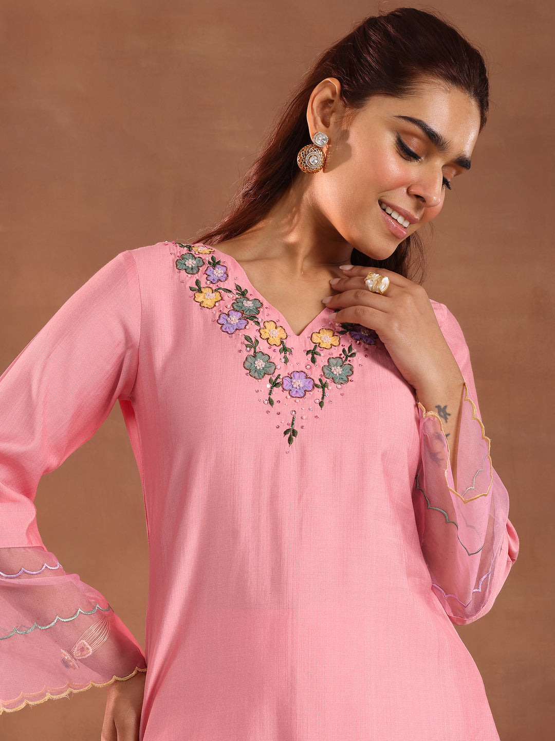 Pink Yoke Design Silk Blend Straight Kurta Set