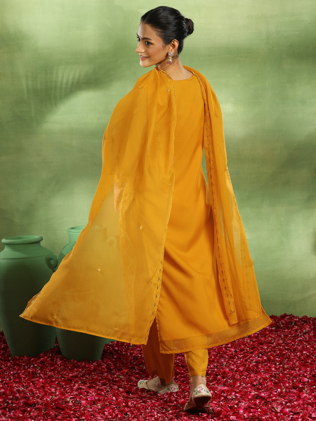 Yellow Woven Design Organza Straight Suit With Dupatta