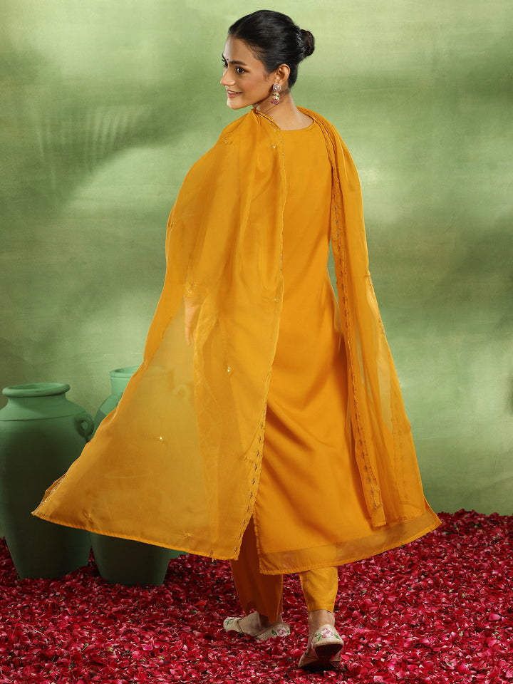 Yellow Woven Design Organza Straight Suit With Dupatta