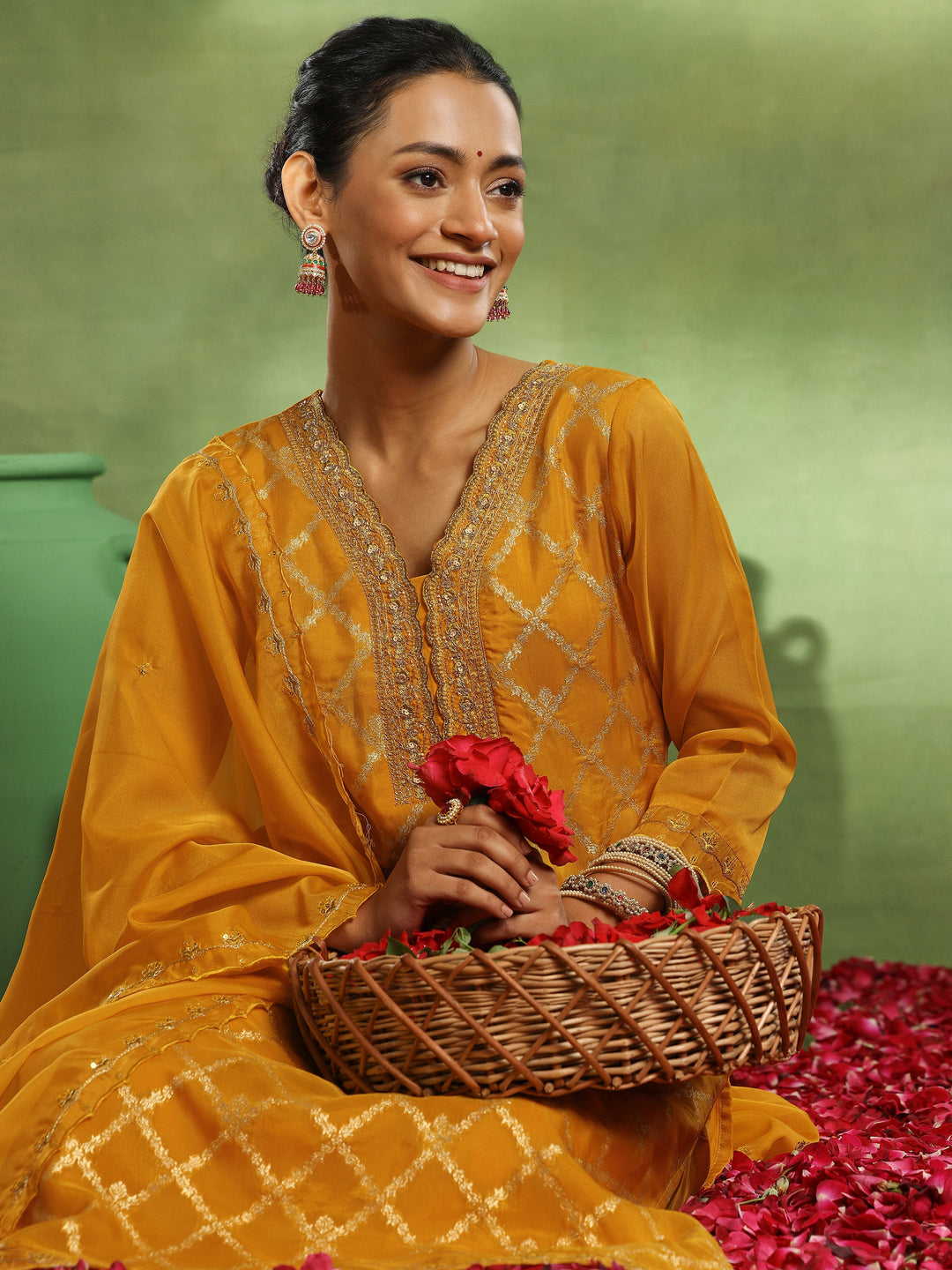 Yellow Woven Design Organza Straight Suit With Dupatta