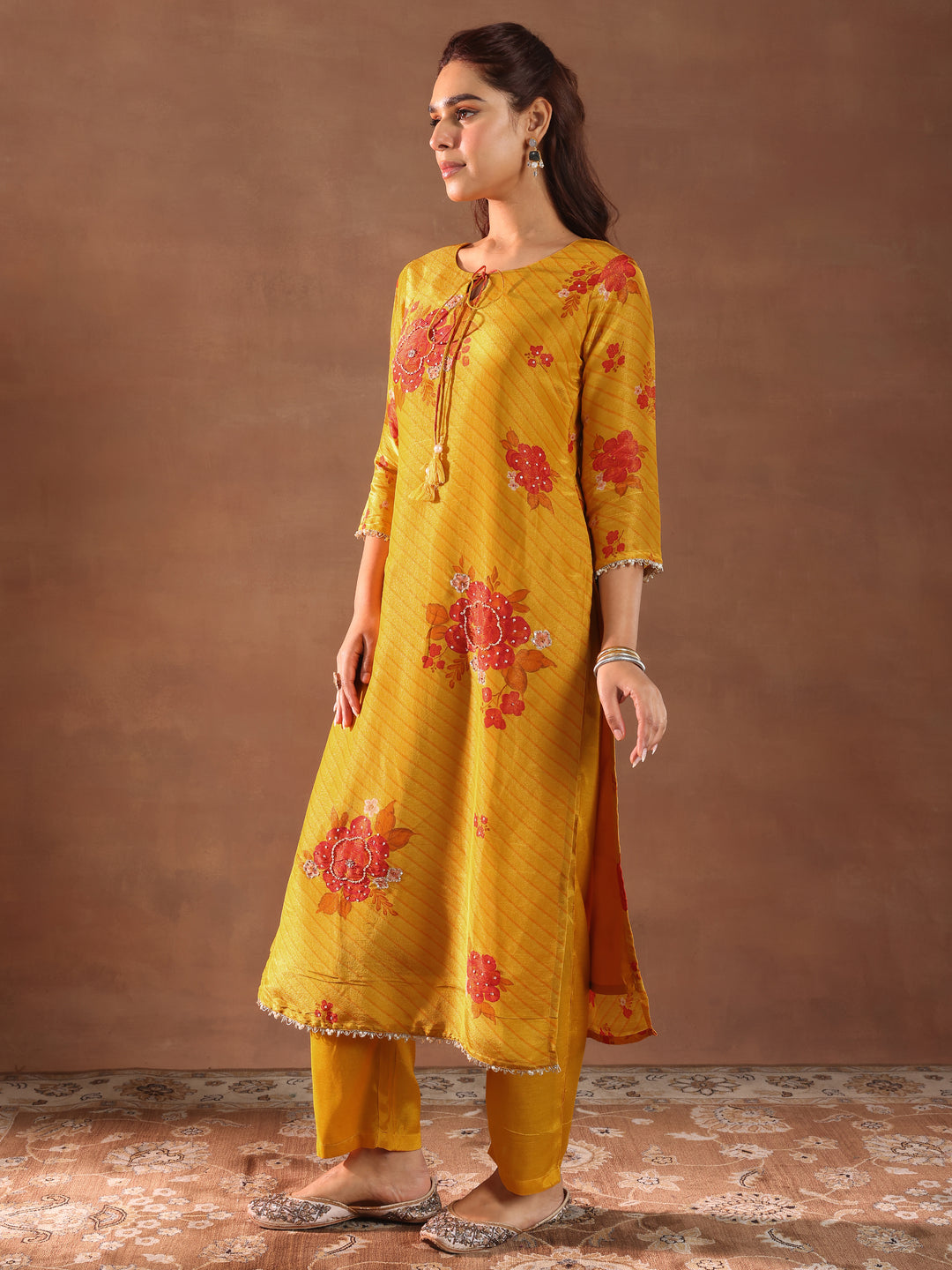 Mustard Printed Silk Blend Straight Suit With Dupatta