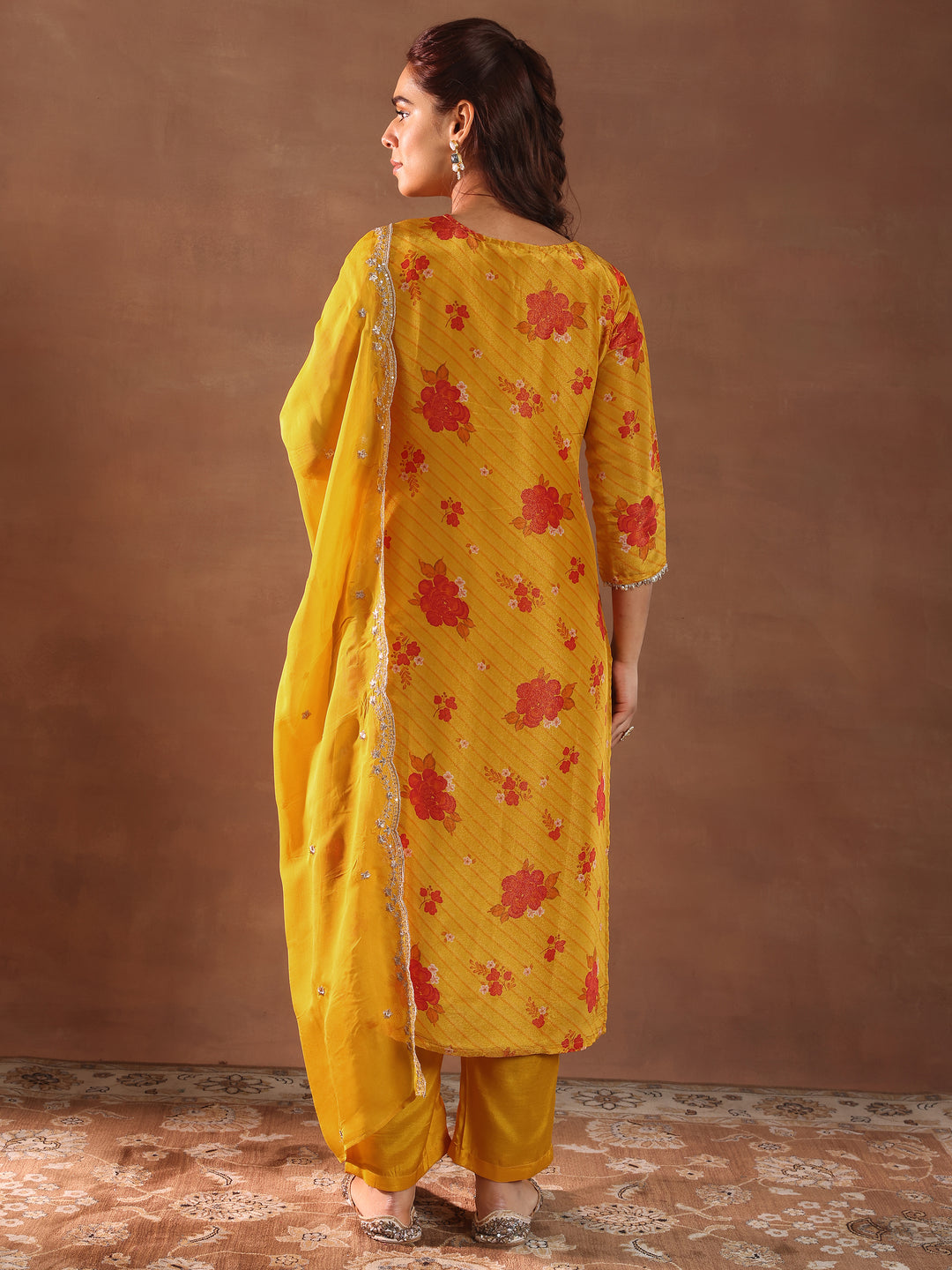 Mustard Printed Silk Blend Straight Suit With Dupatta
