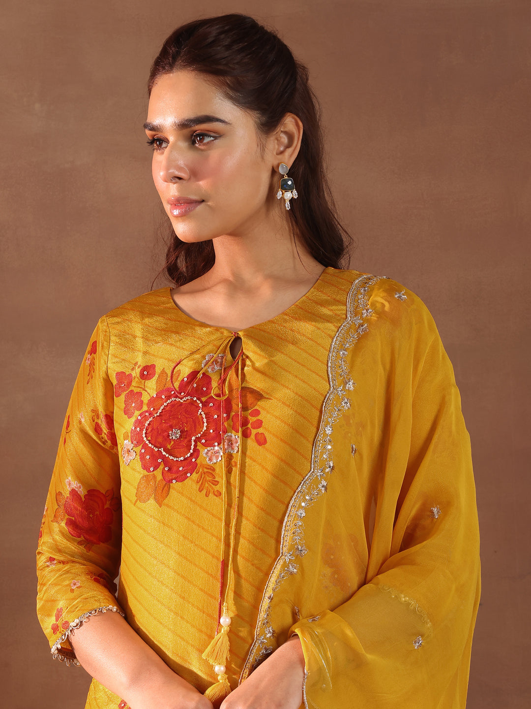 Mustard Printed Silk Blend Straight Suit With Dupatta