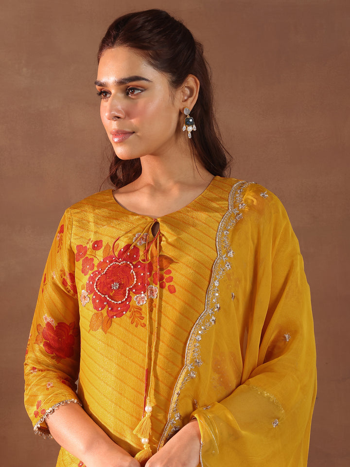 Mustard Printed Silk Blend Straight Suit With Dupatta