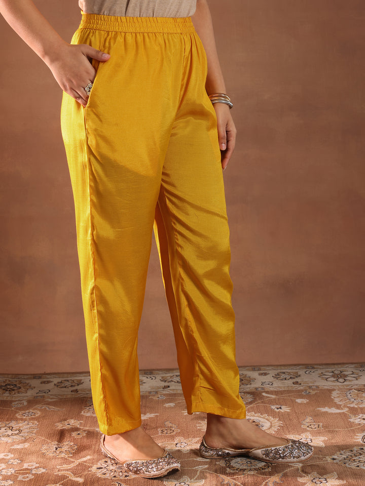 Mustard Printed Silk Blend Straight Suit With Dupatta