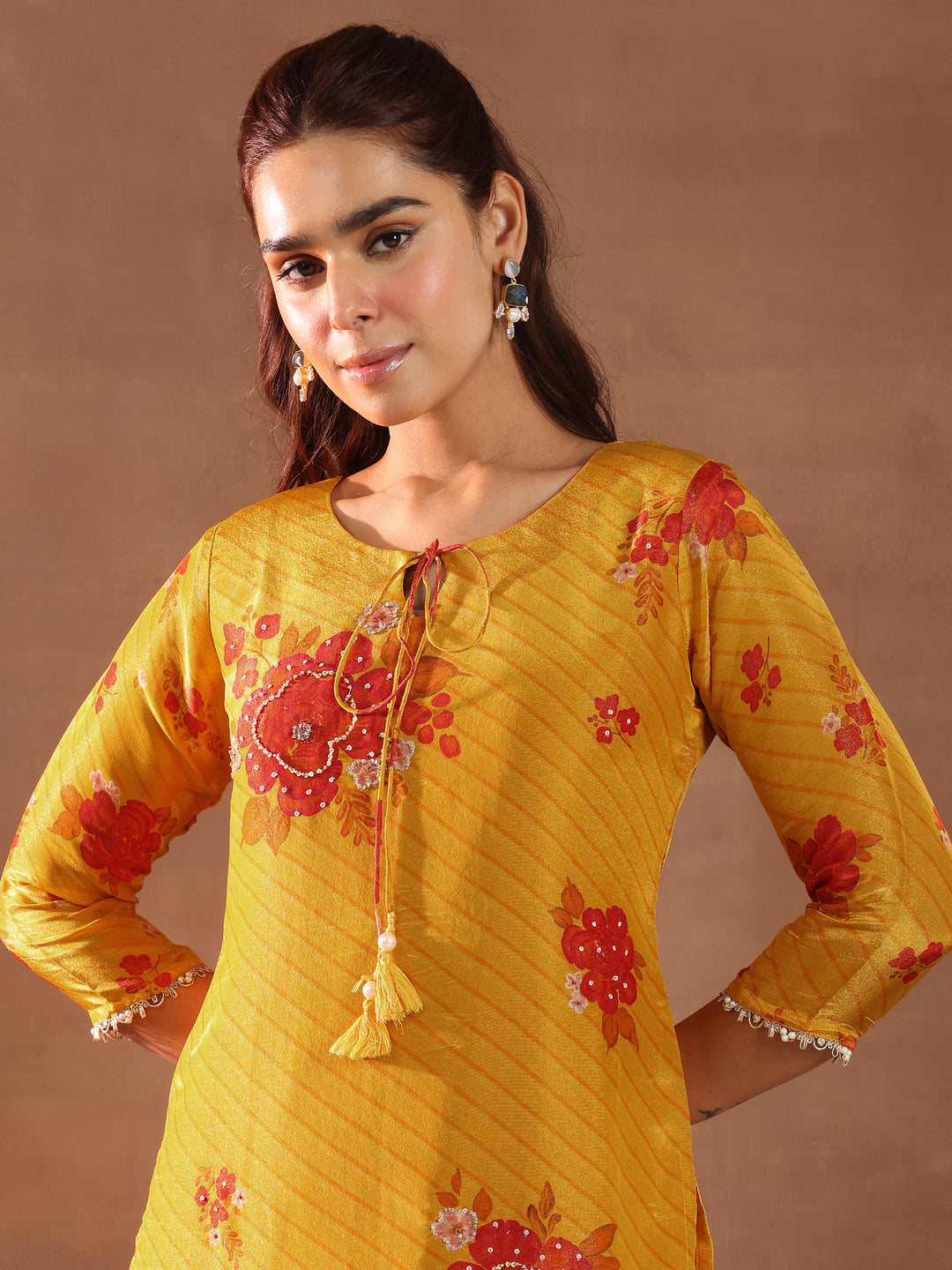 Mustard Printed Silk Blend Straight Suit With Dupatta