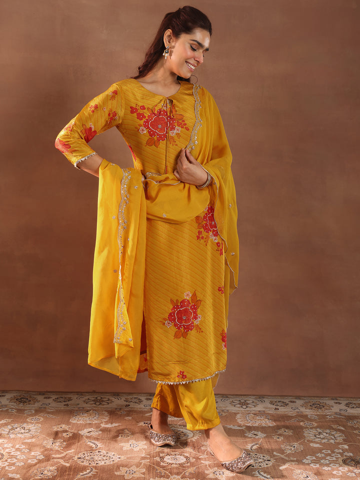 Mustard Printed Silk Blend Straight Suit With Dupatta