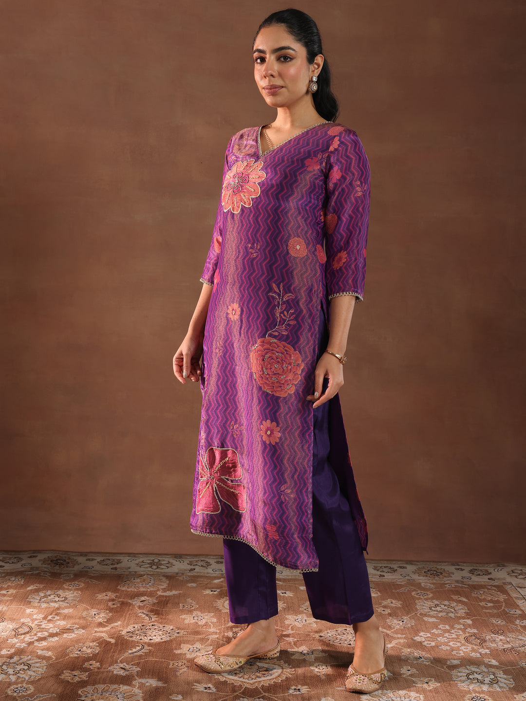 Purple Printed Silk Blend Straight Suit With Dupatta