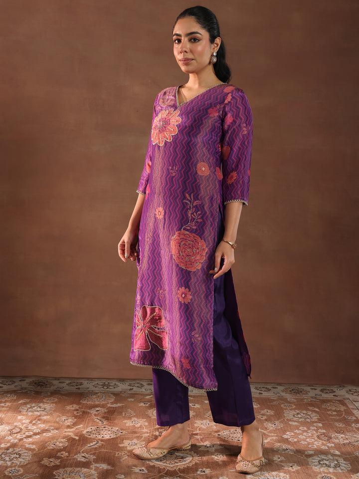 Purple Printed Silk Blend Straight Suit With Dupatta