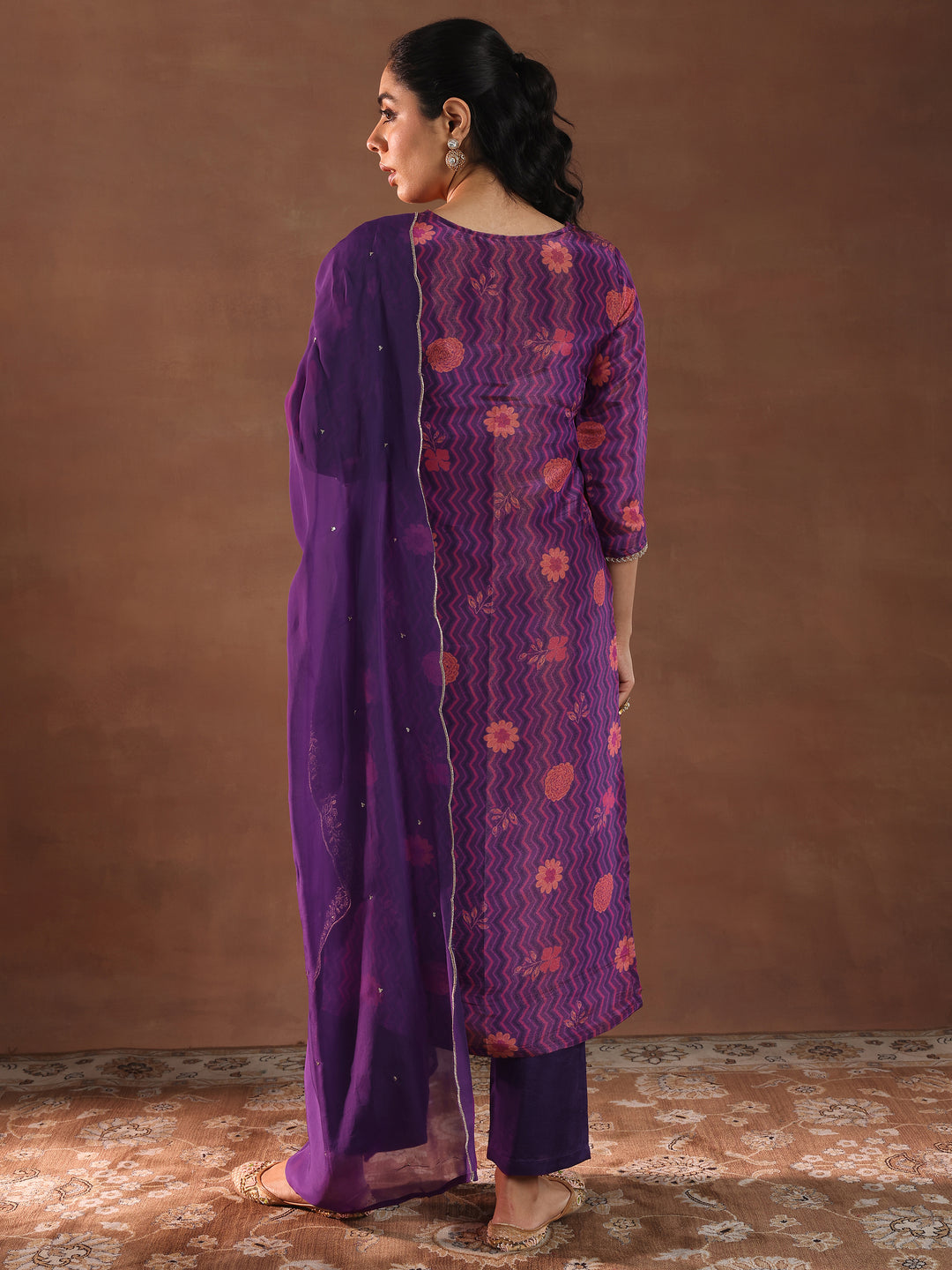 Purple Printed Silk Blend Straight Suit With Dupatta