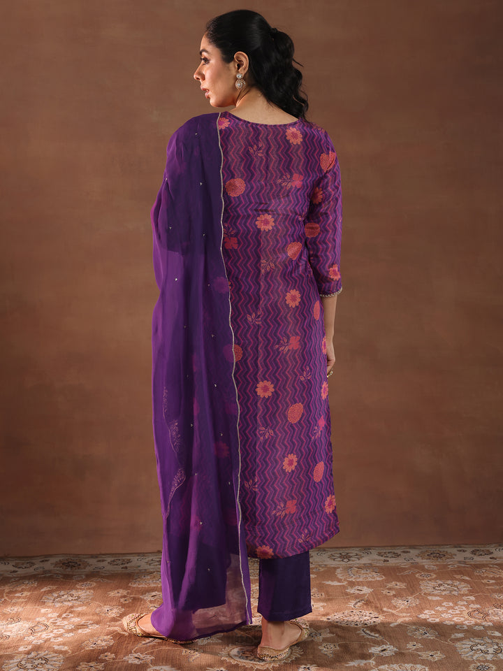 Purple Printed Silk Blend Straight Suit With Dupatta