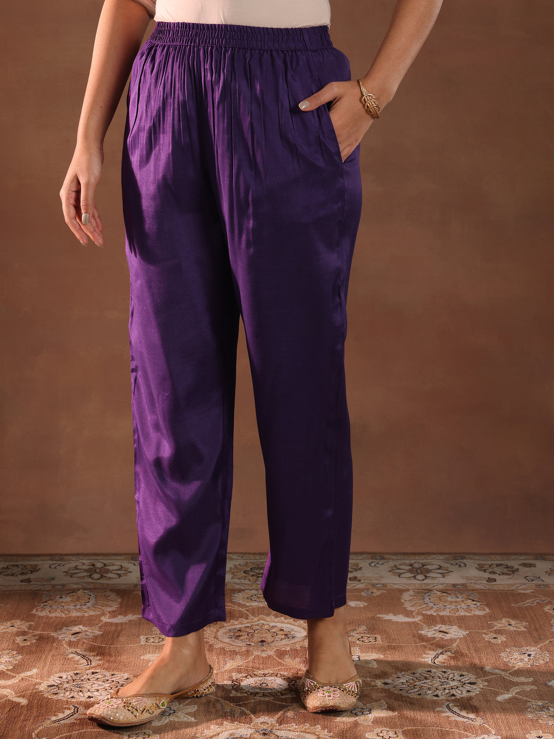 Purple Printed Silk Blend Straight Suit With Dupatta