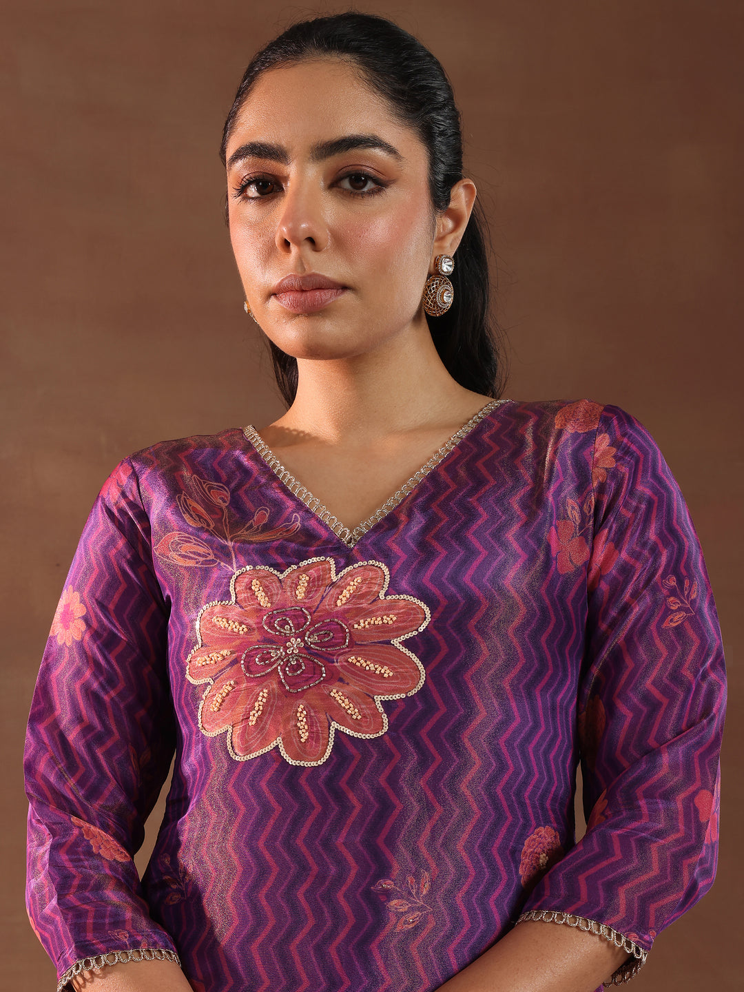 Purple Printed Silk Blend Straight Suit With Dupatta