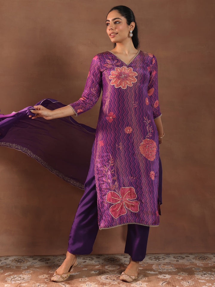 Purple Printed Silk Blend Straight Suit With Dupatta