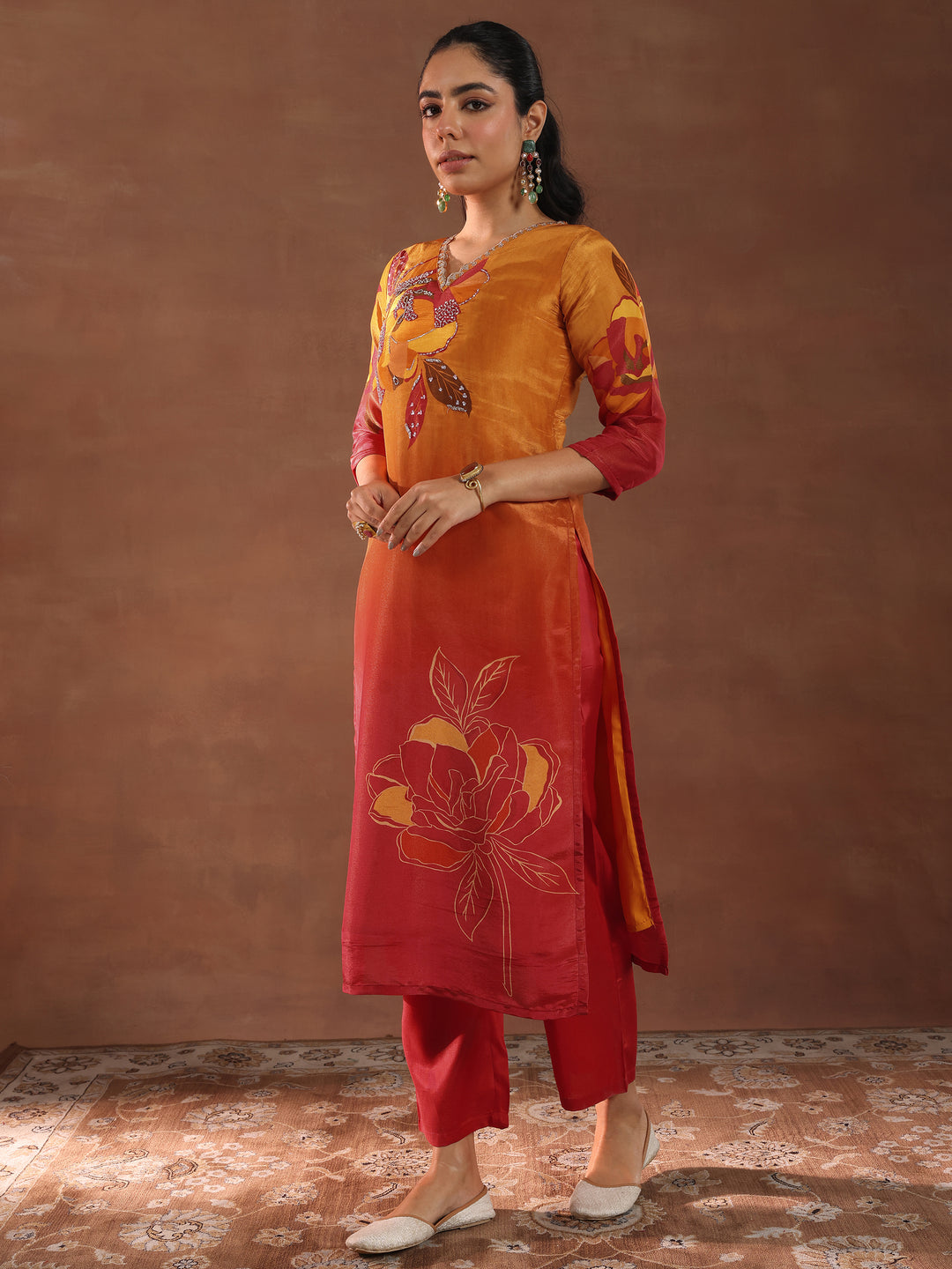 Orange Printed Silk Blend Straight Suit With Dupatta
