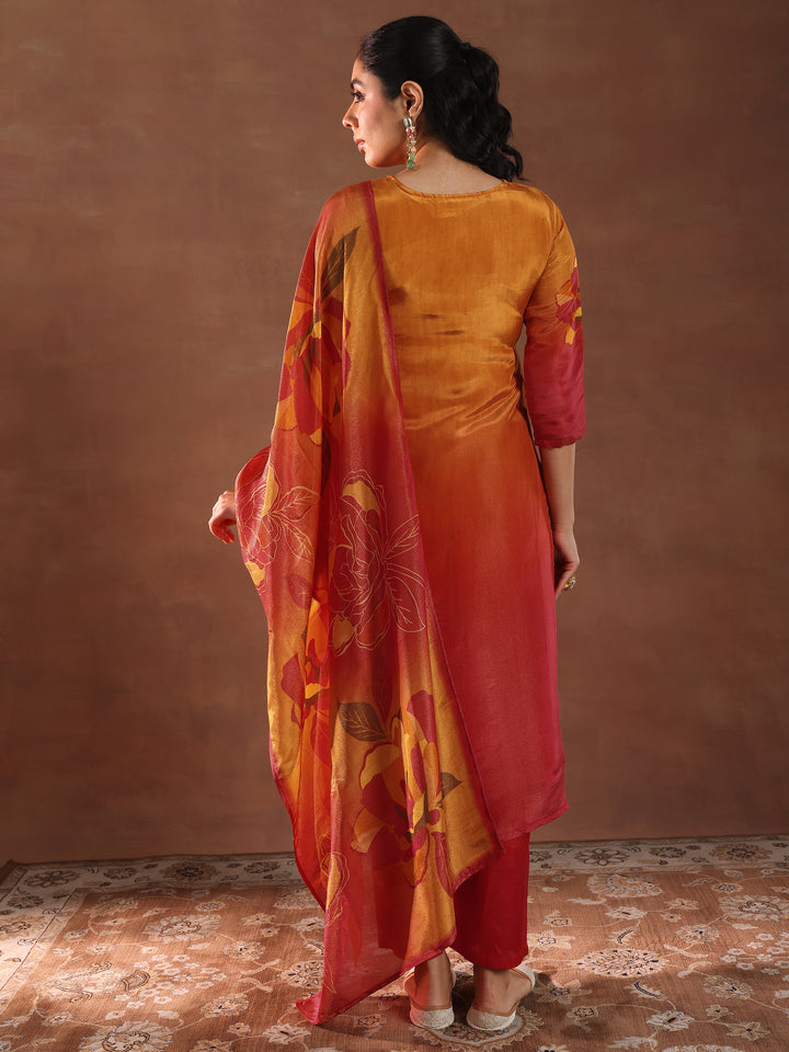 Orange Printed Silk Blend Straight Suit With Dupatta