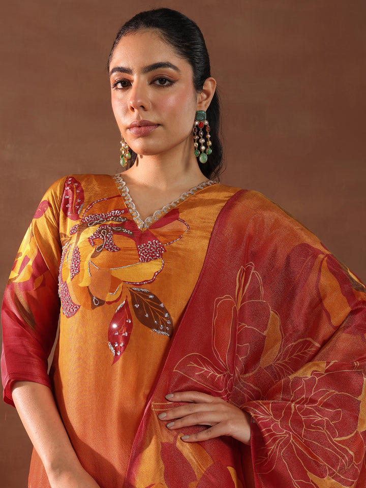 Orange Printed Silk Blend Straight Suit With Dupatta