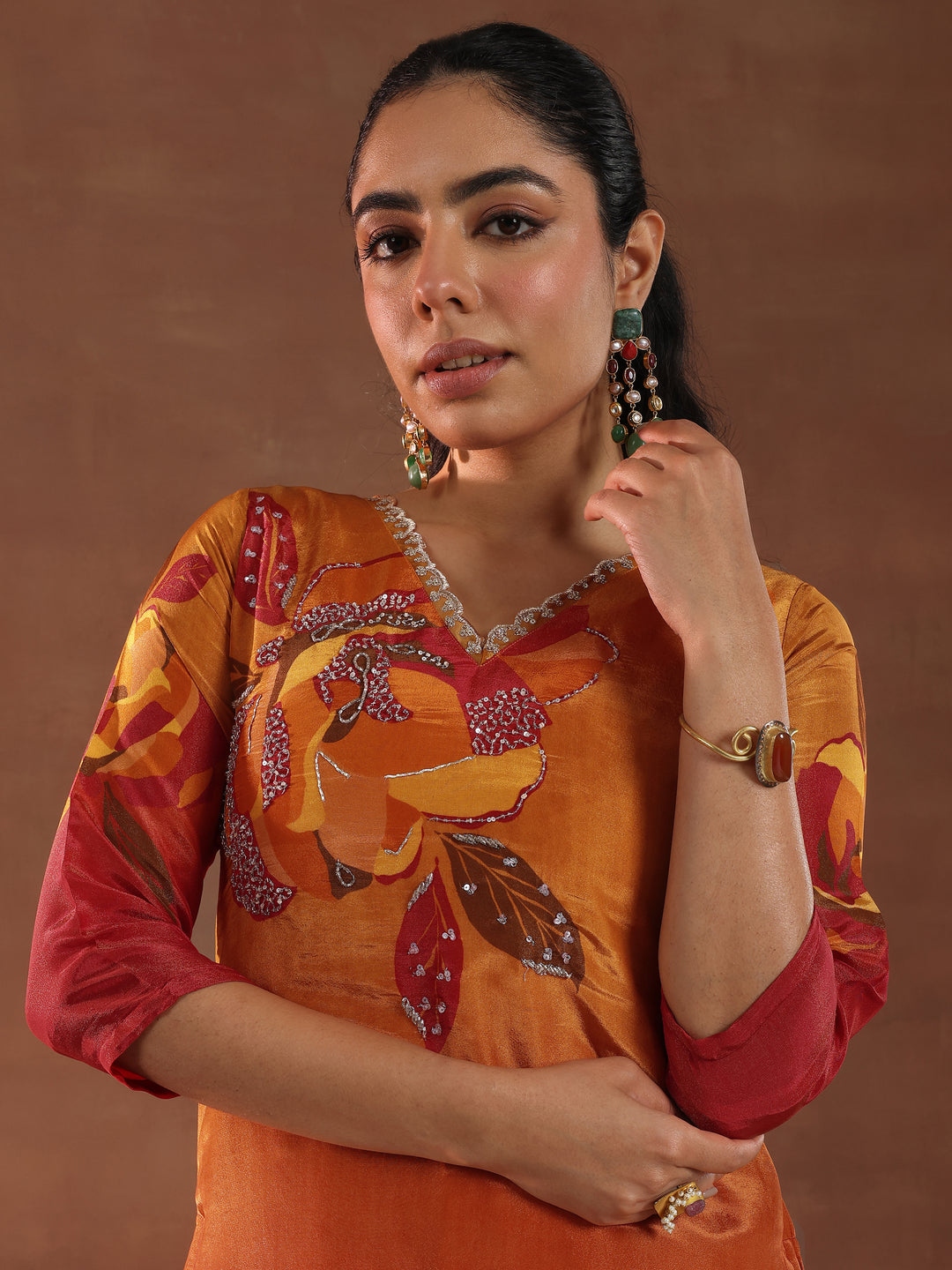 Orange Printed Silk Blend Straight Suit With Dupatta