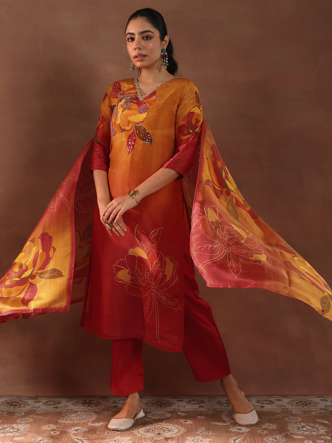 Orange Printed Silk Blend Straight Suit With Dupatta