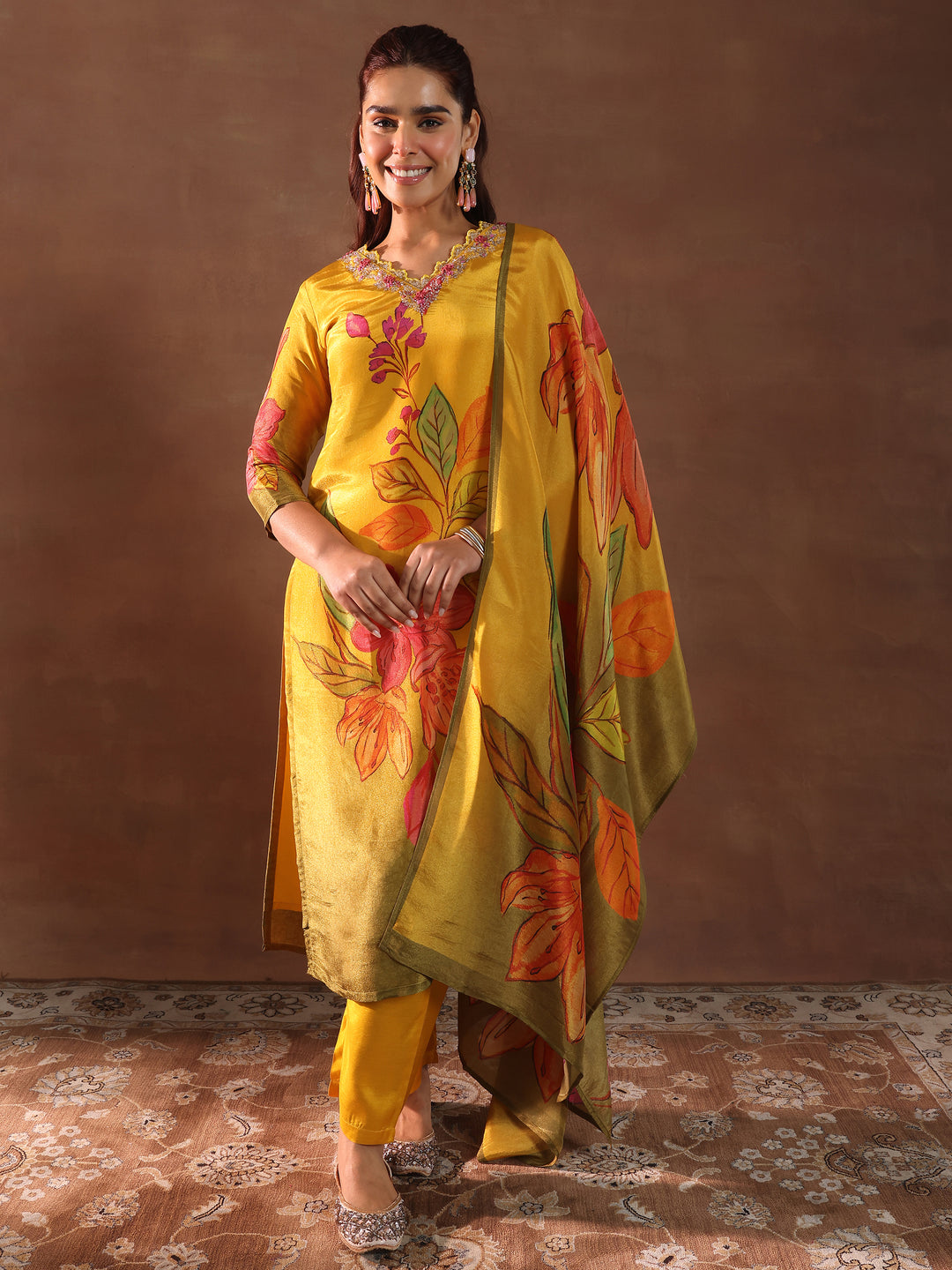 Mustard Printed Silk Blend Straight Suit With Dupatta