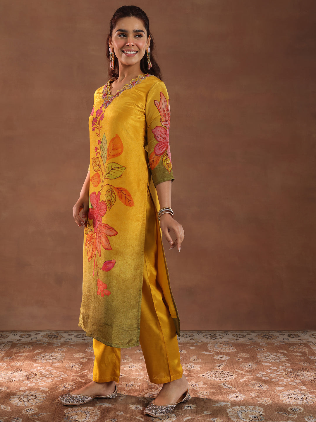 Mustard Printed Silk Blend Straight Suit With Dupatta