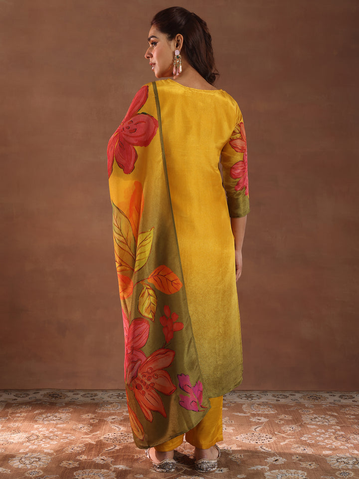 Mustard Printed Silk Blend Straight Suit With Dupatta