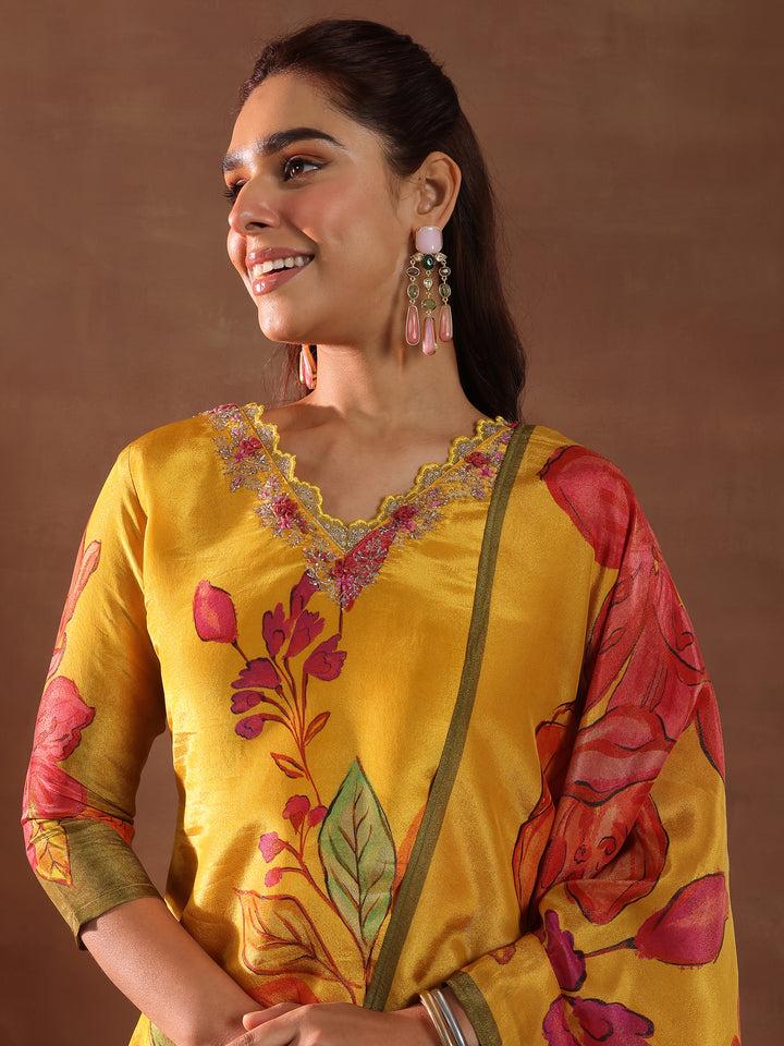 Mustard Printed Silk Blend Straight Suit With Dupatta