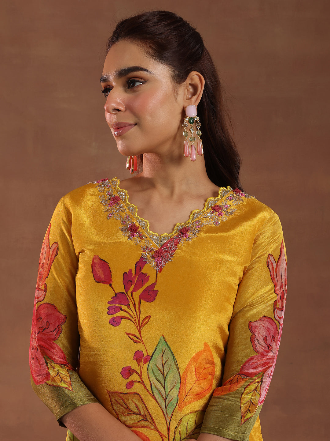Mustard Printed Silk Blend Straight Suit With Dupatta