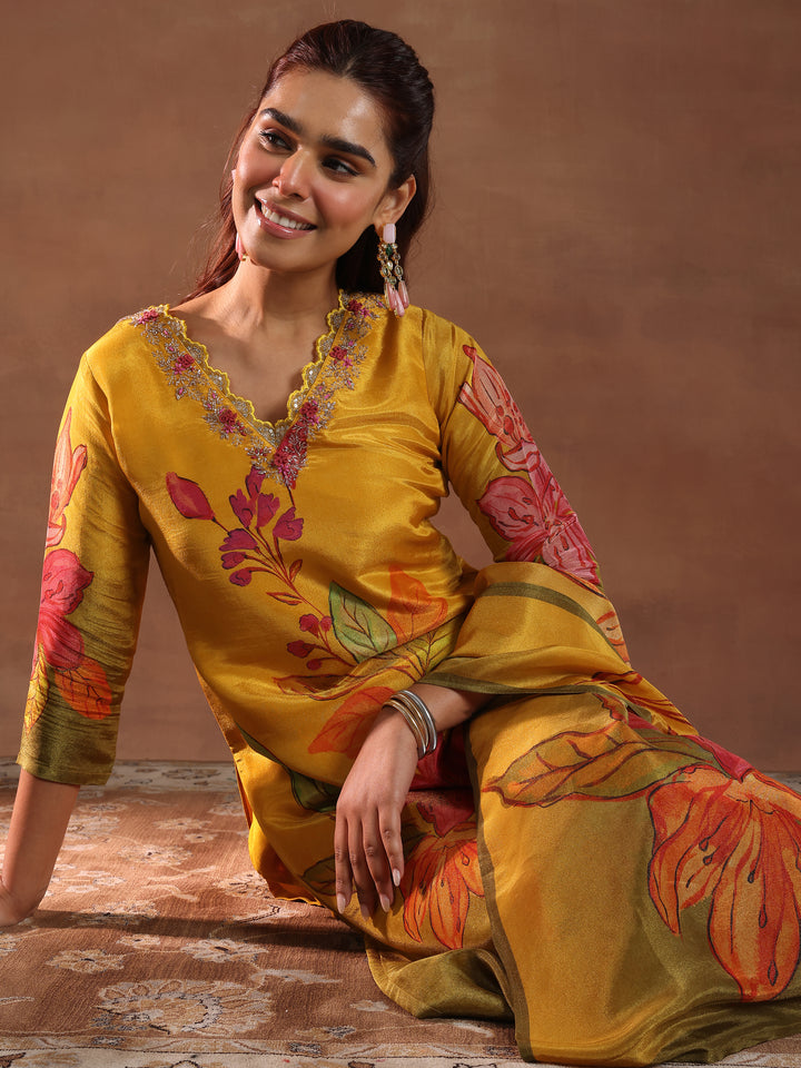 Mustard Printed Silk Blend Straight Suit With Dupatta