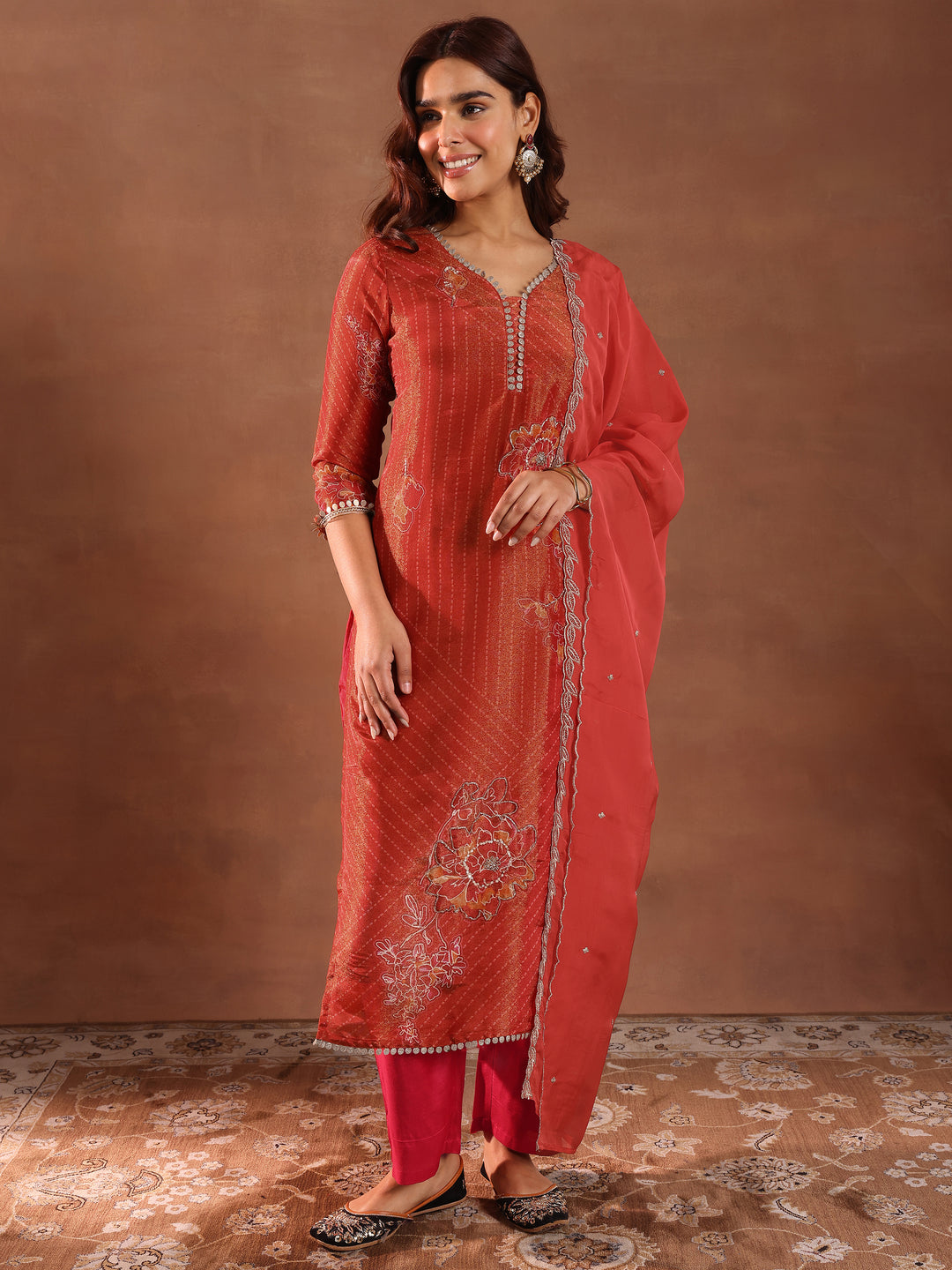 Red Printed Silk Blend Straight Suit With Dupatta