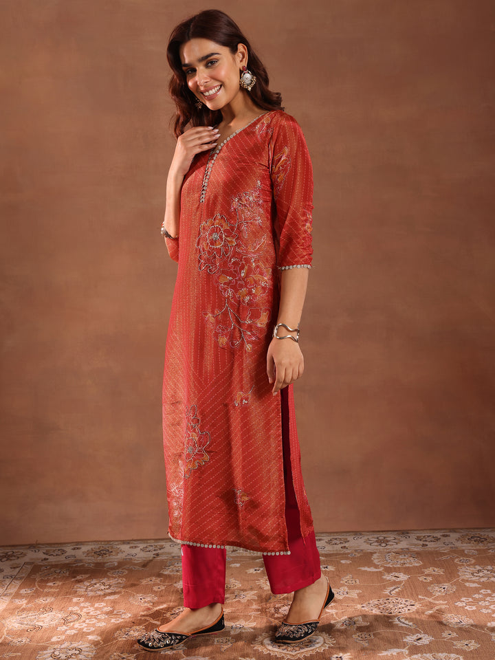 Red Printed Silk Blend Straight Suit With Dupatta