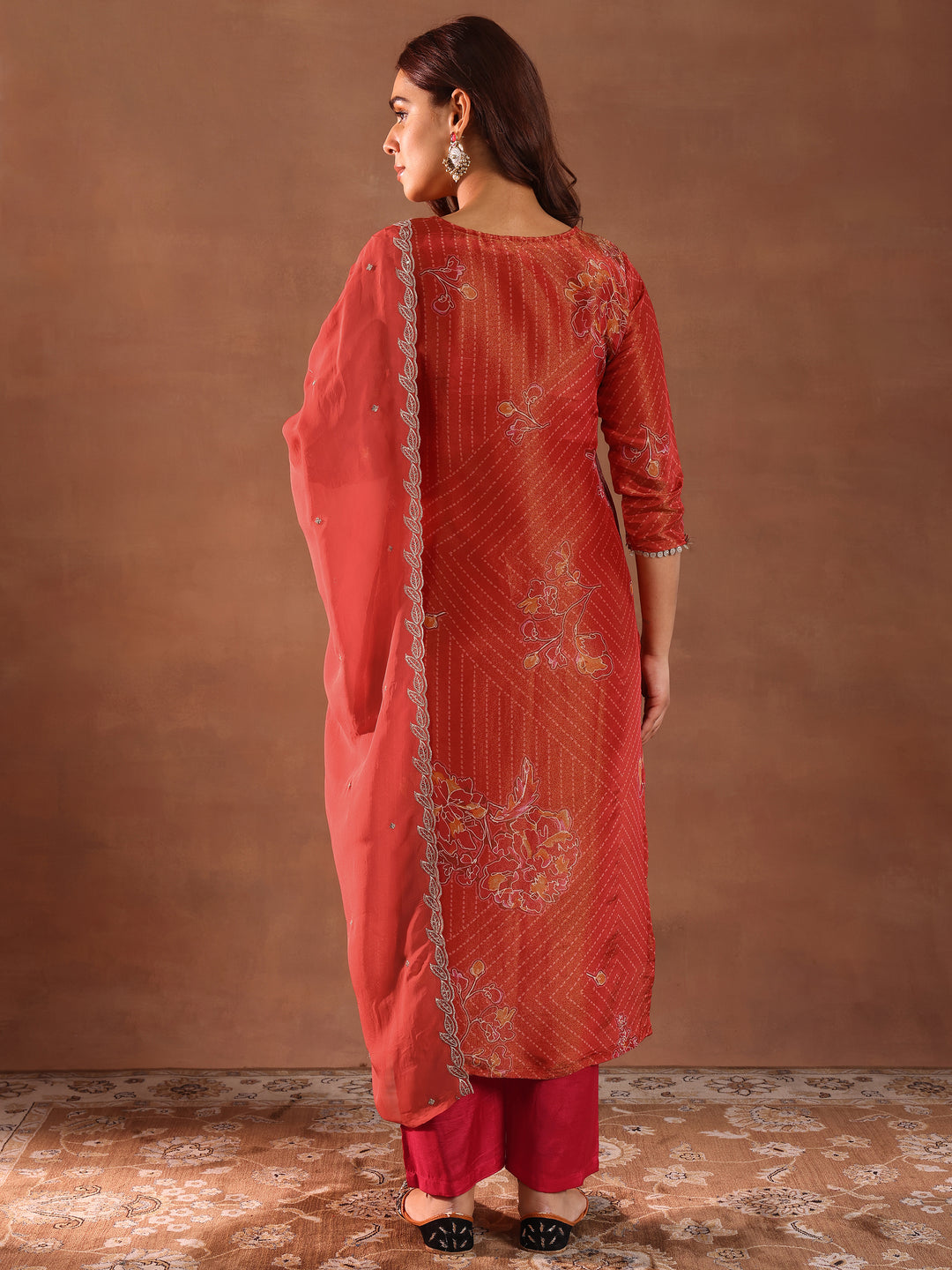 Red Printed Silk Blend Straight Suit With Dupatta