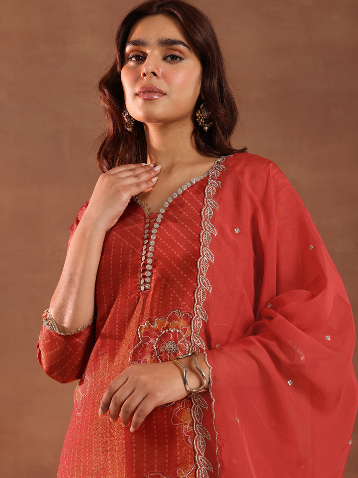 Red Printed Silk Blend Straight Suit With Dupatta
