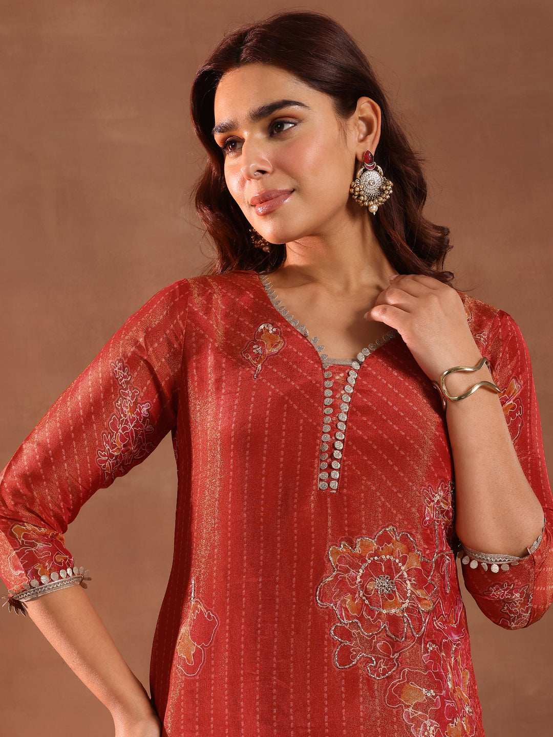 Red Printed Silk Blend Straight Suit With Dupatta