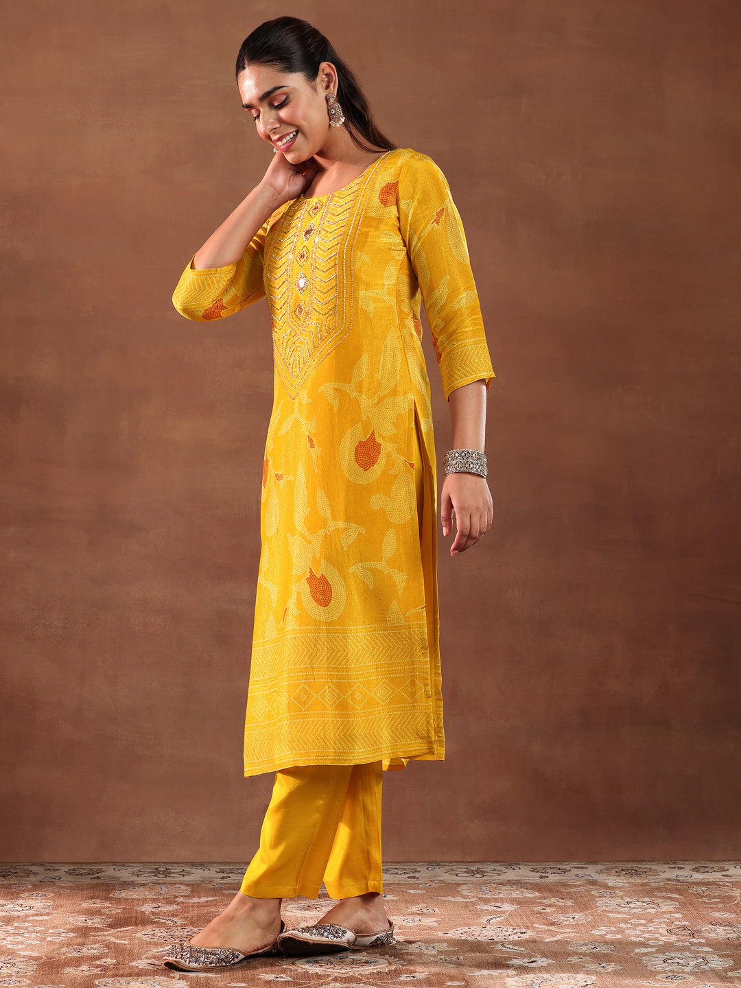 Mustard Printed Silk Blend Straight Suit With Dupatta