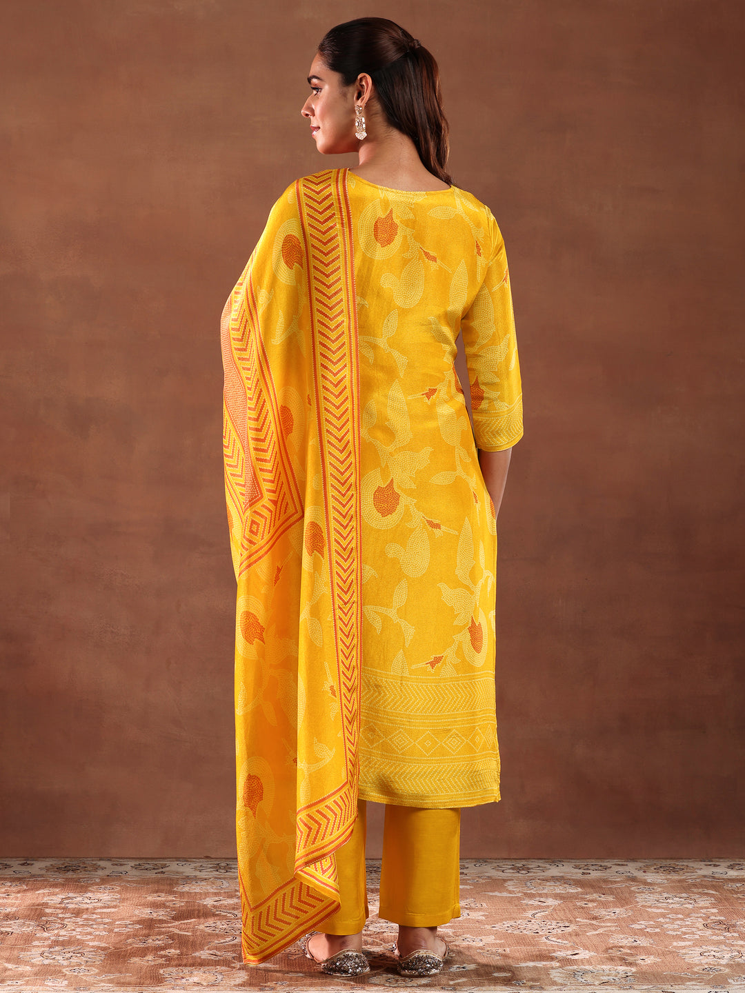 Mustard Printed Silk Blend Straight Suit With Dupatta
