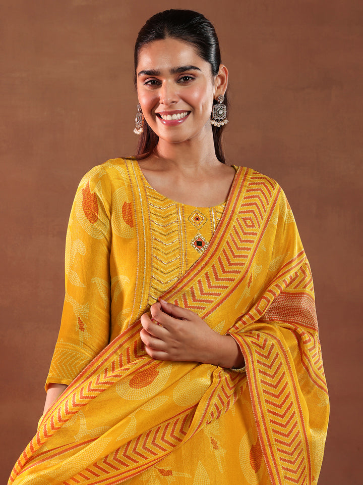 Mustard Printed Silk Blend Straight Suit With Dupatta