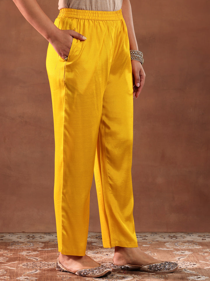 Mustard Printed Silk Blend Straight Suit With Dupatta