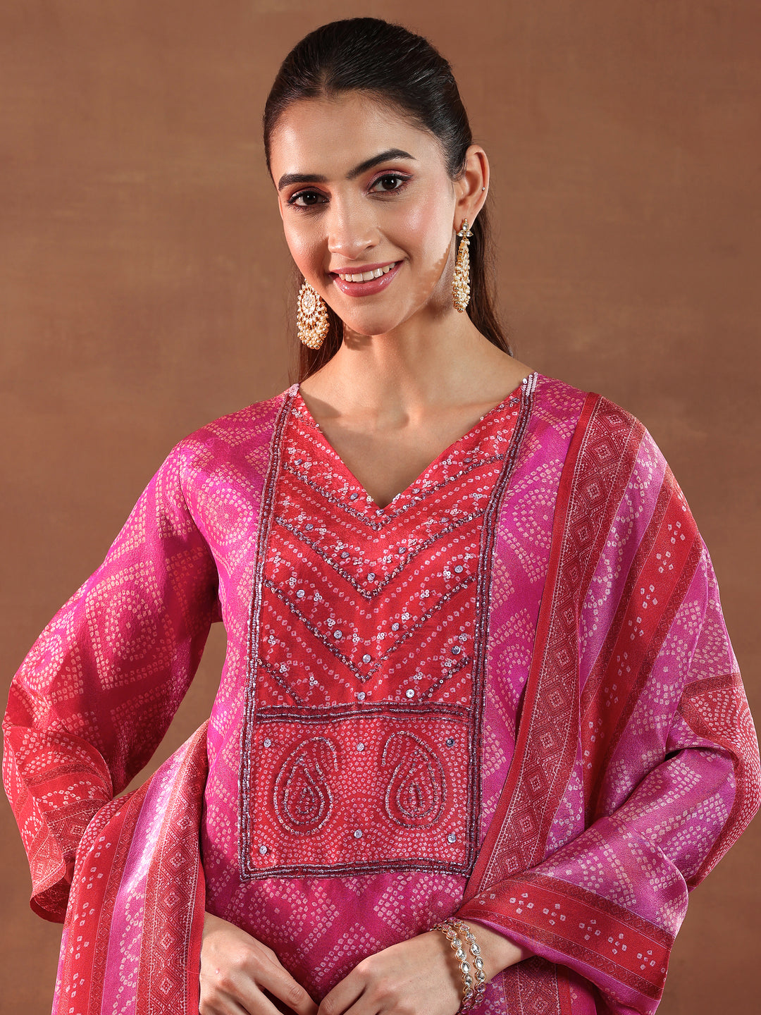 Pink Printed Silk Blend Straight Suit With Dupatta