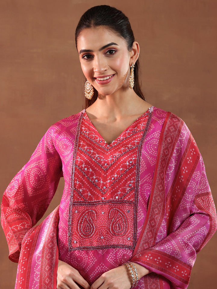 Pink Printed Silk Blend Straight Suit With Dupatta