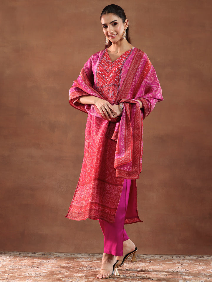 Pink Printed Silk Blend Straight Suit With Dupatta