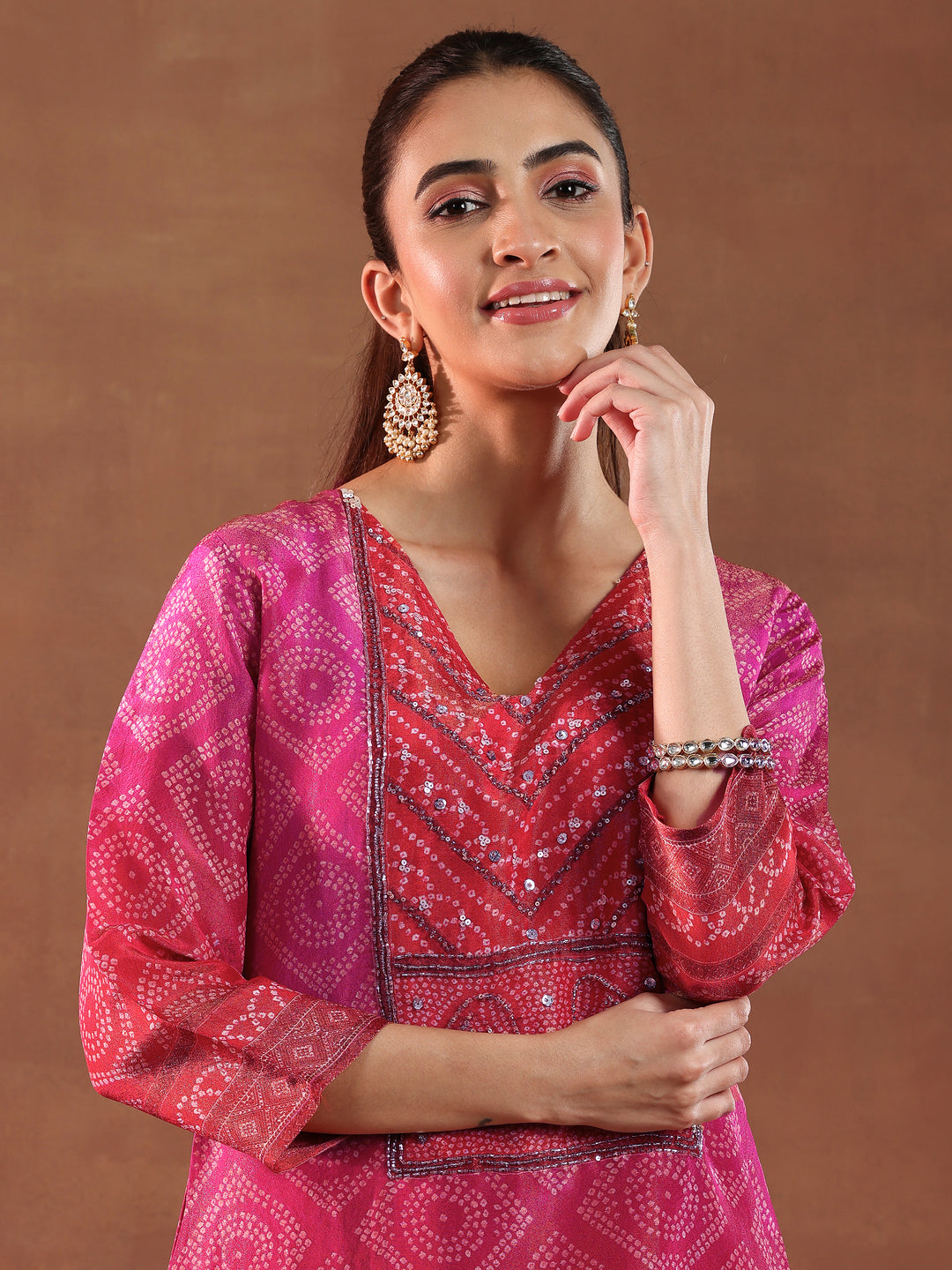 Pink Printed Silk Blend Straight Suit With Dupatta