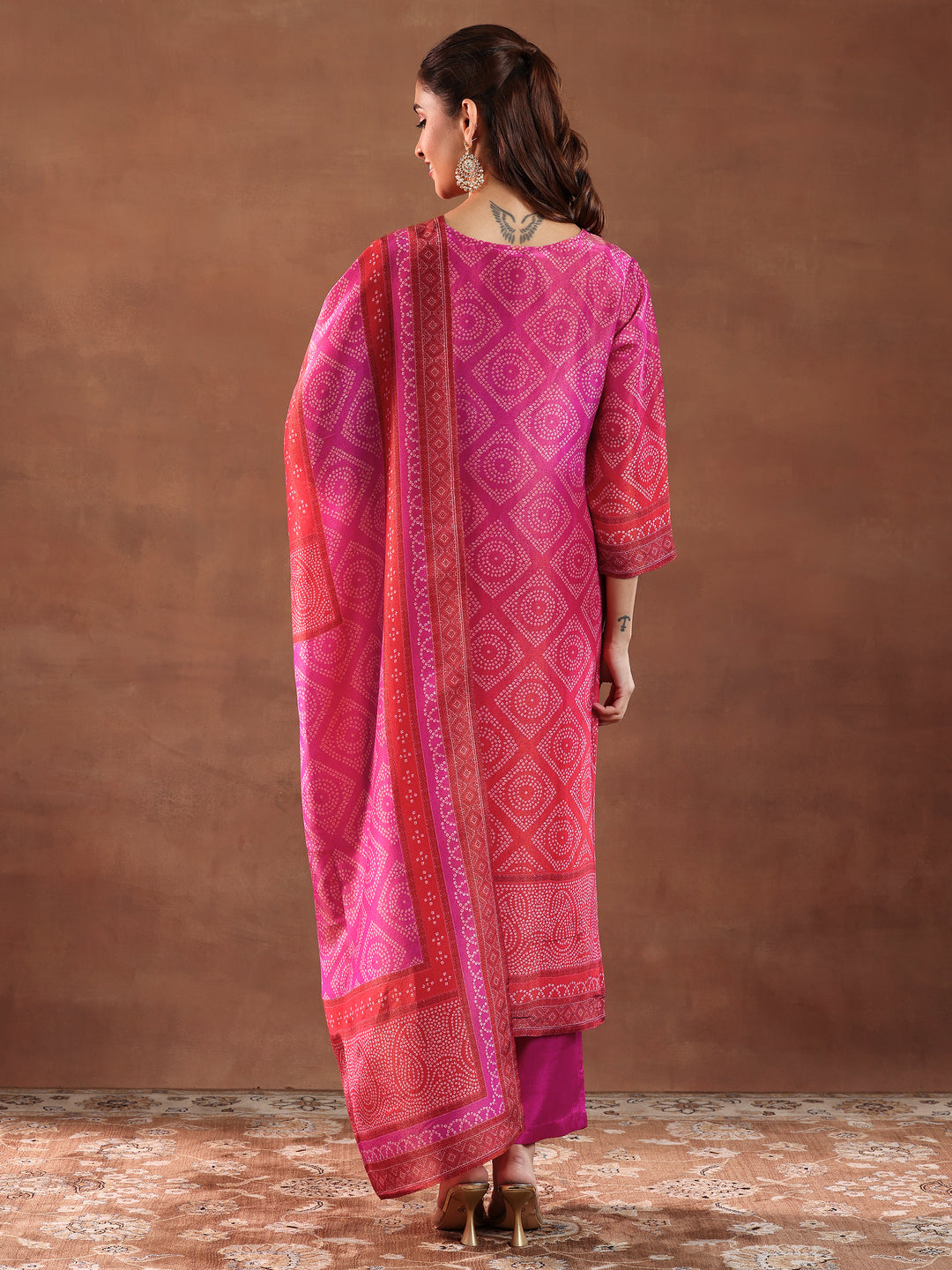 Pink Printed Silk Blend Straight Suit With Dupatta