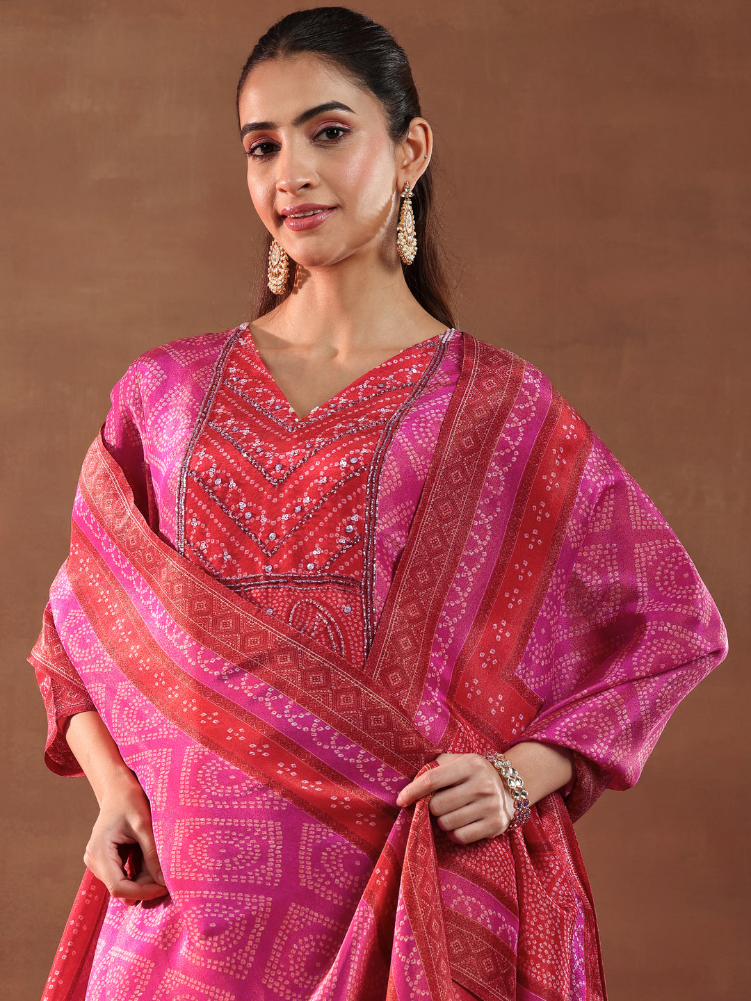 Pink Printed Silk Blend Straight Suit With Dupatta