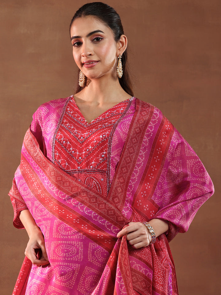 Pink Printed Silk Blend Straight Suit With Dupatta